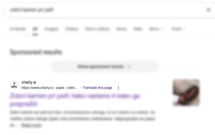 Google SERP from April 7, 2026 showing Charly.si ranked #1 for a competitive pet health query.