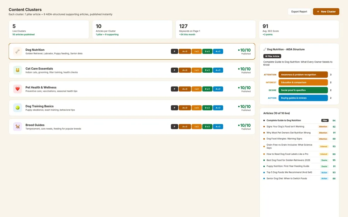 Topical authority cluster overview showing 5 content clusters with AIDA-structured articles, all published