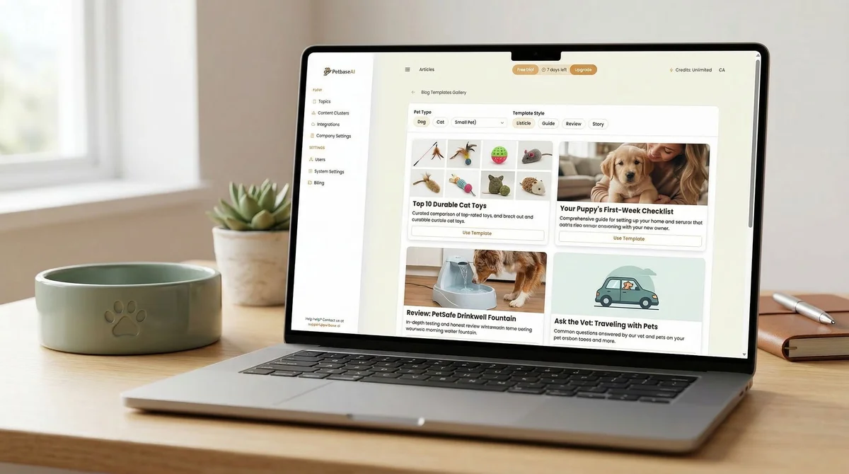Laptop screen showing different blog post templates for pet store content marketing