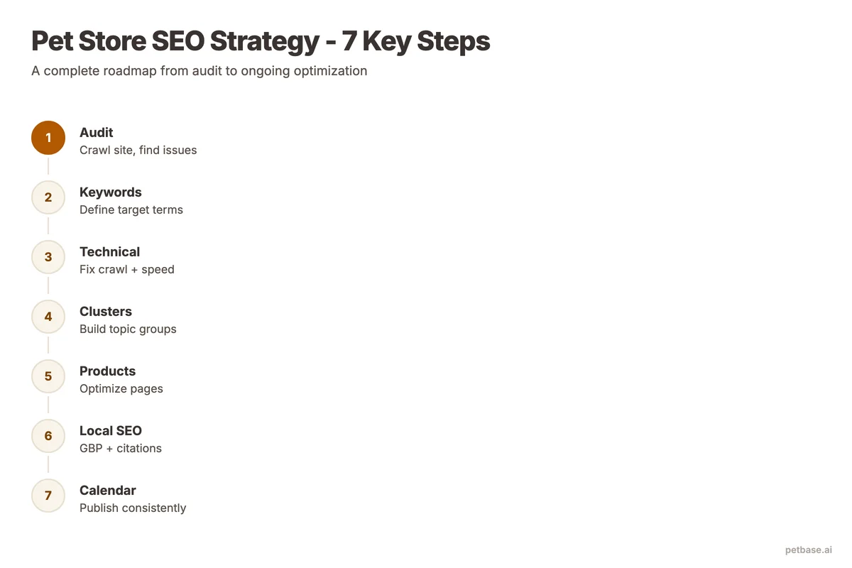 Seven-step SEO strategy roadmap for pet stores from audit to publishing calendar