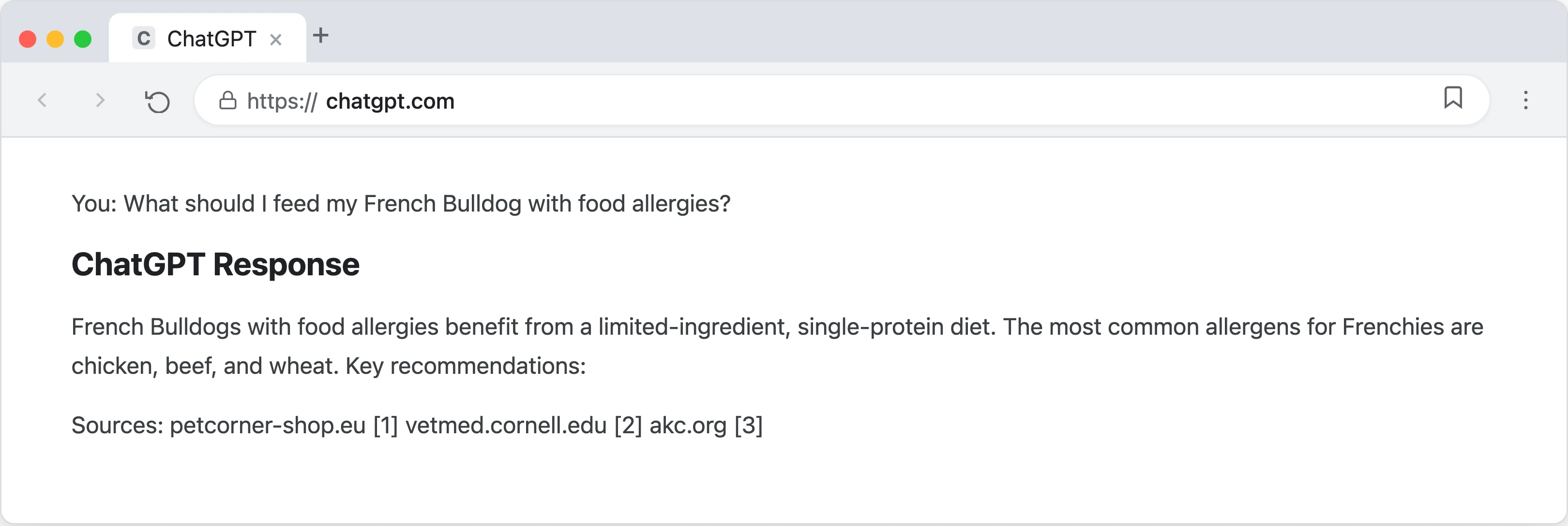 ChatGPT interface showing a response about French Bulldog nutrition that cites a pet store blog as a source with an inline link