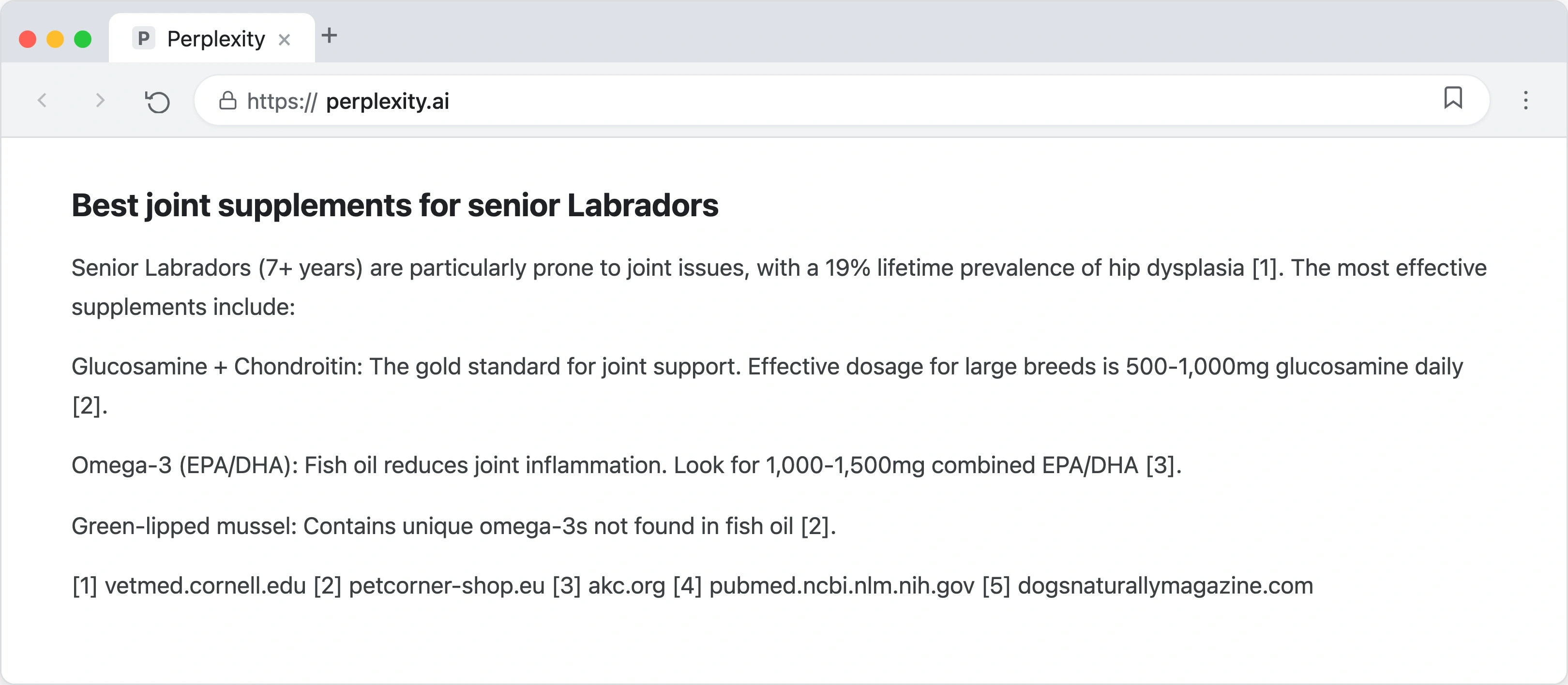 Perplexity search interface showing a response about senior dog supplements with multiple inline citations including a pet store blog as a primary source