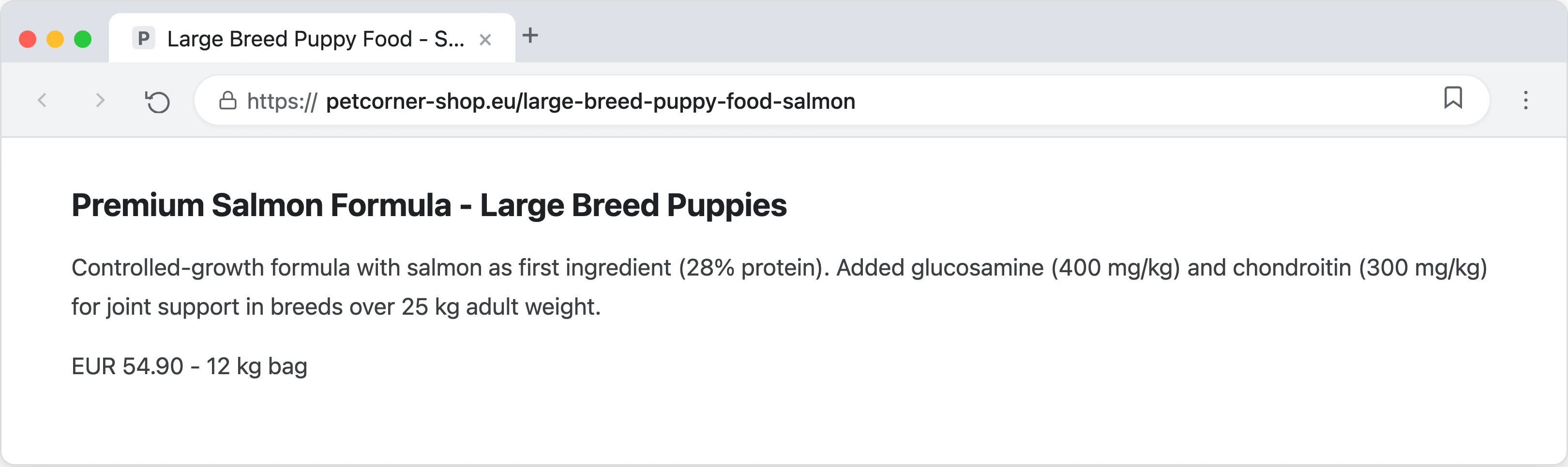 Product page mockup showing a premium dog food with an optimized AIDA description, breed suitability badges, nutritional data table, and customer reviews