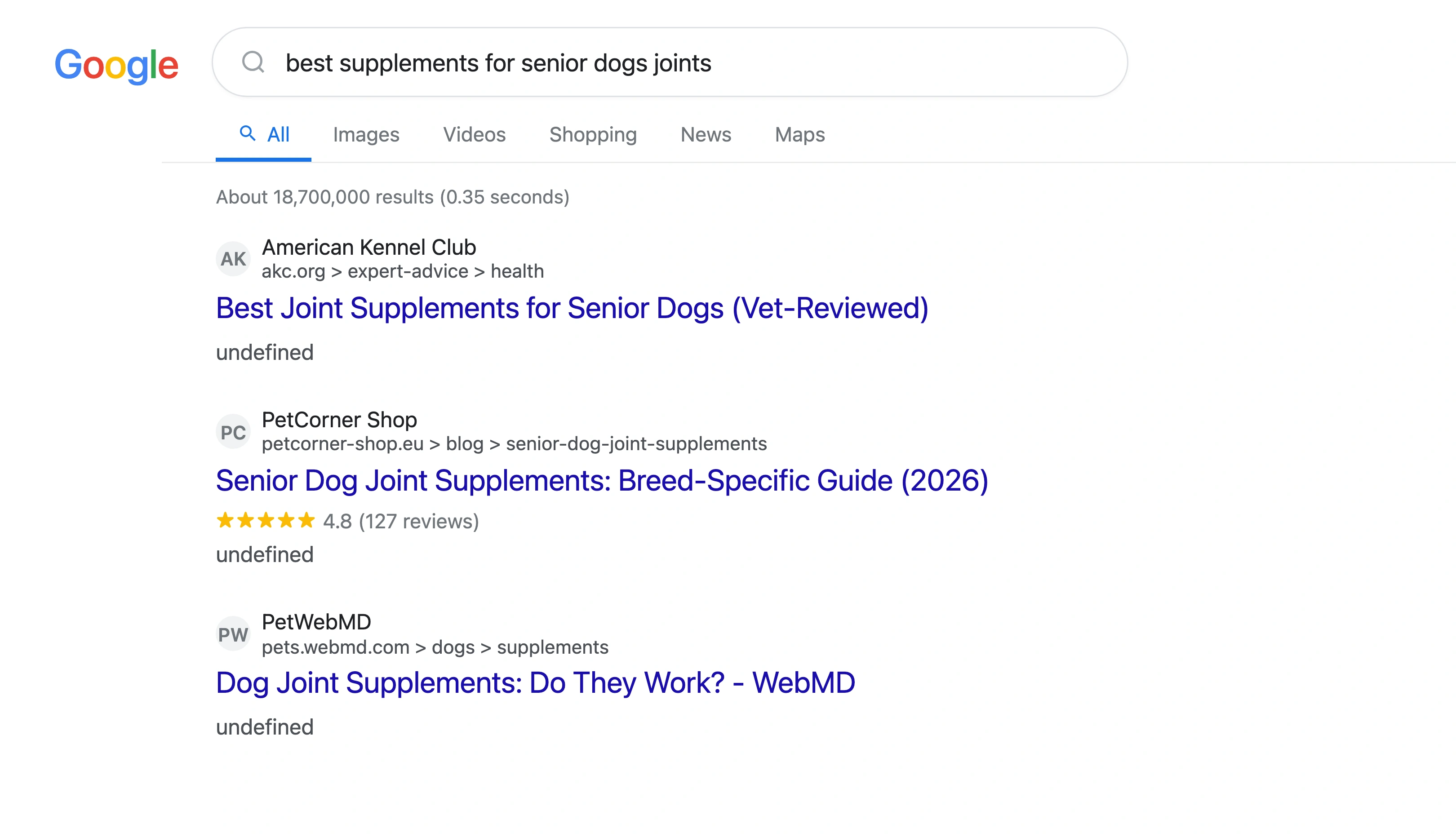 Google search results showing a hybrid AI plus human pet store article ranking in position 2 alongside established veterinary and pet retailer websites