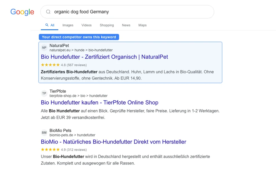 Google search results for organic dog food Germany showing three competitor pet stores ranking on page one for the keyword your store should be targeting