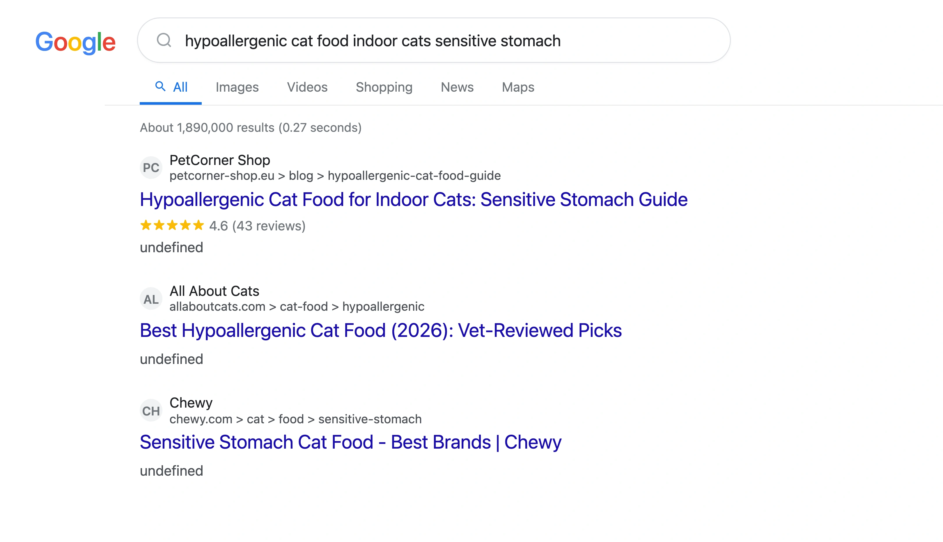 Google search results showing a pet store's newly published article appearing on page 1 for a long-tail keyword about hypoallergenic cat food just 8 weeks after publication