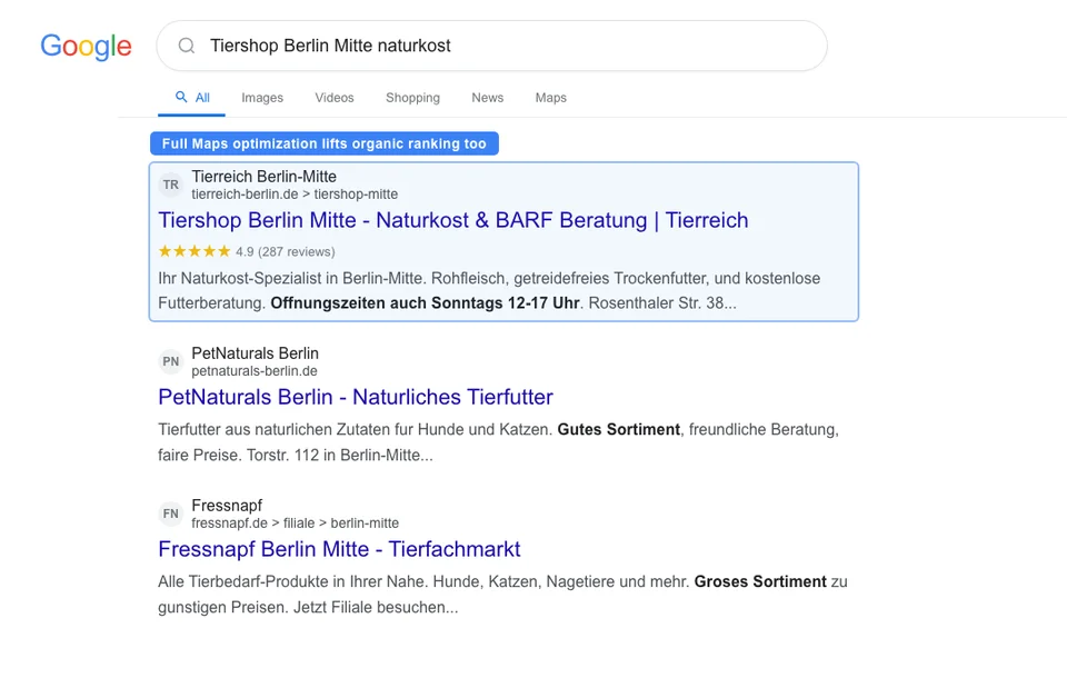 Google search results for Tiershop Berlin showing a pet store ranking in position one with a rich snippet including star rating after completing full Google Maps optimization including photos, reviews, and local content