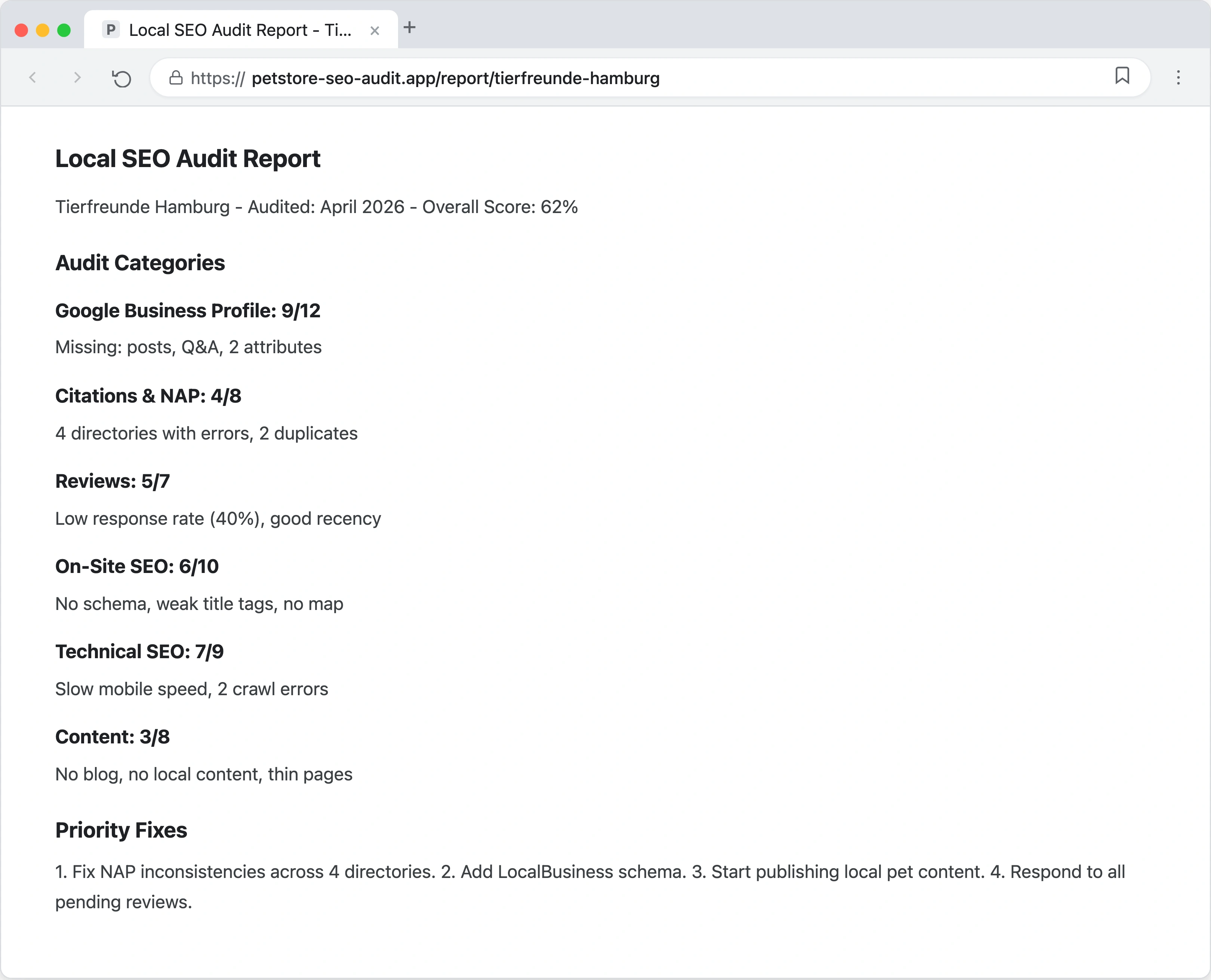 A local SEO audit scorecard for a pet store showing pass and fail status across six audit areas including Google Business Profile citations reviews on-site SEO technical SEO and content with an overall score of 62 percent