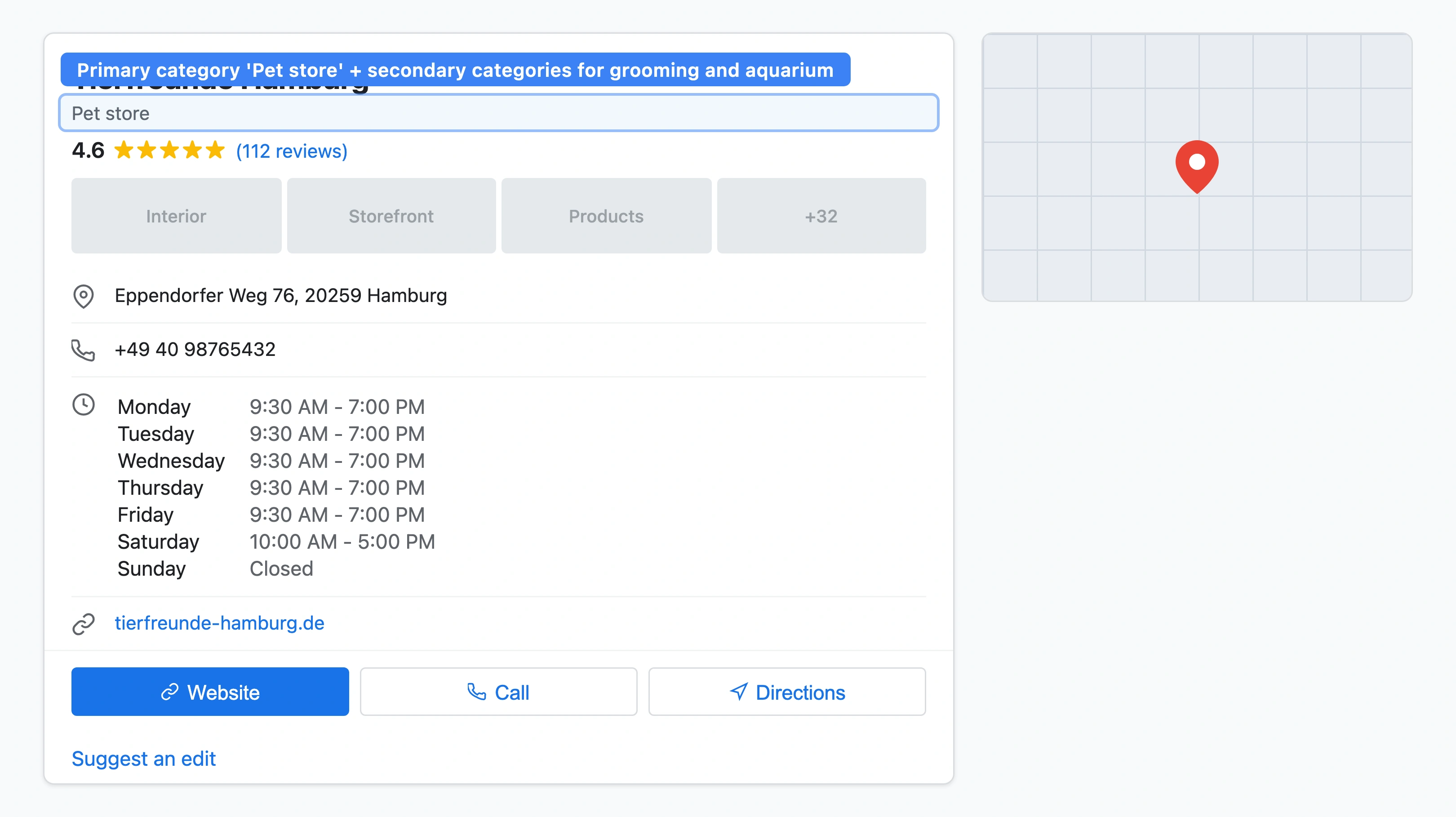 A well-optimized Google Business Profile panel for a Hamburg pet store showing complete information including business category photos hours products and a high star rating with recent posts and Q&A activity