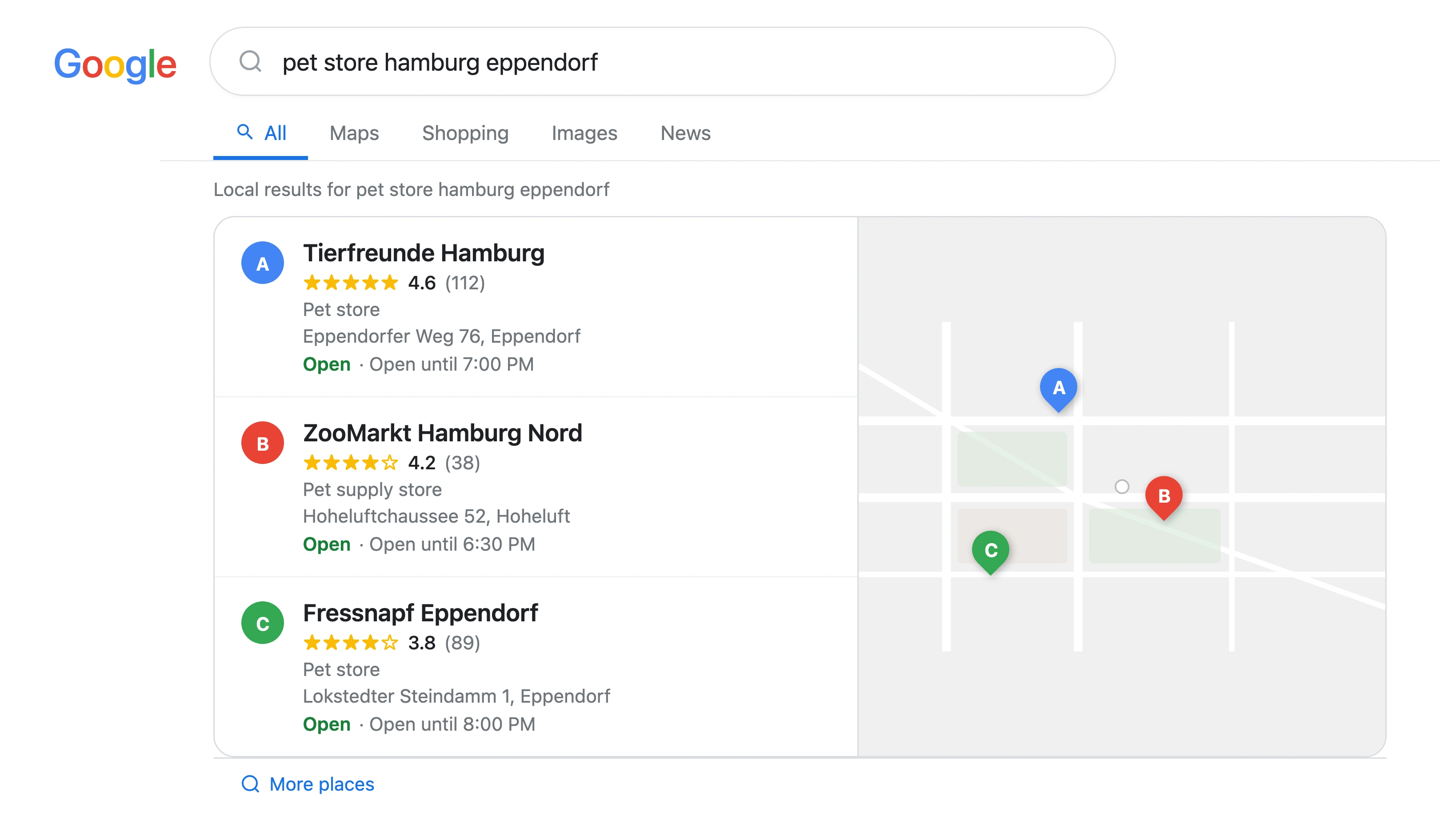 Google local pack results for pet store Hamburg showing a fully audited and optimized store in position 1 with complete profile information high review count and star rating compared to less optimized competitors