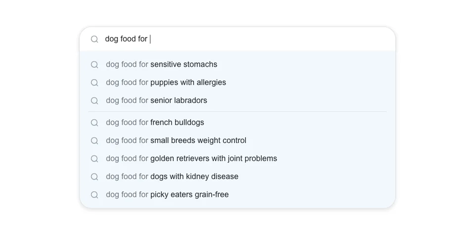 Google autocomplete suggestions for dog food showing 8 long-tail keyword variations including sensitive stomach, puppies, senior dogs, and breed-specific terms