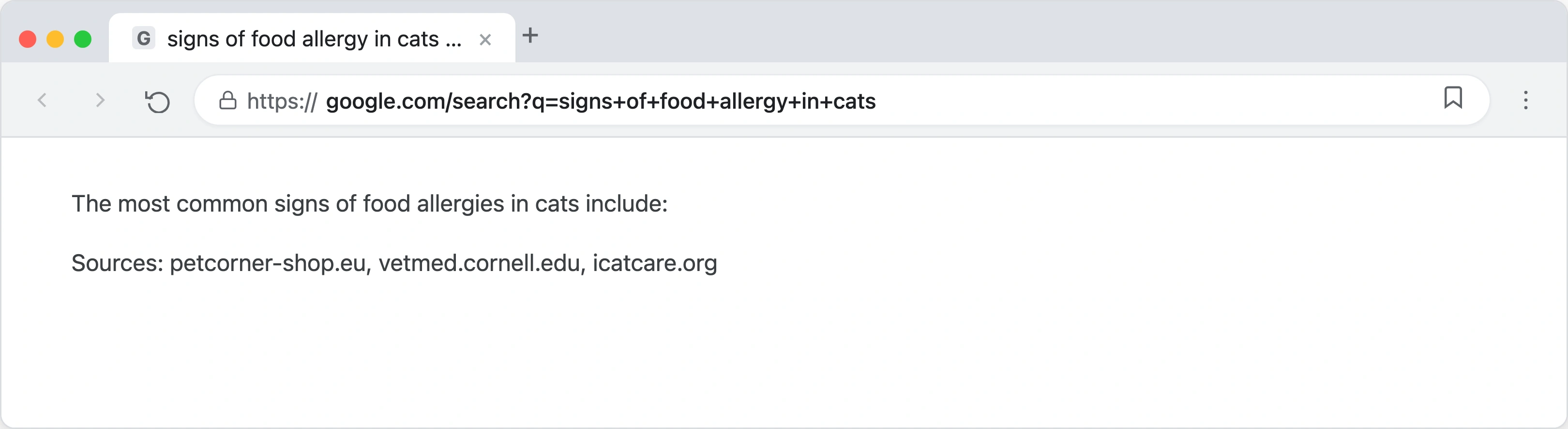 Google search results showing an AI Overview panel for a pet health query with three cited sources and a structured answer about cat food allergies