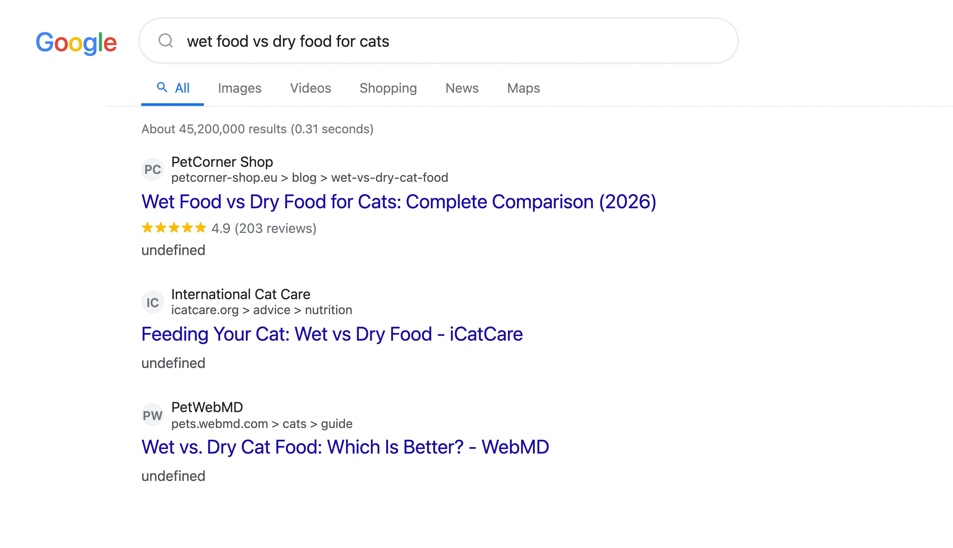 Google search results for wet food vs dry food for cats showing a comparison-style AI Overview with structured data extracted from well-formatted blog content