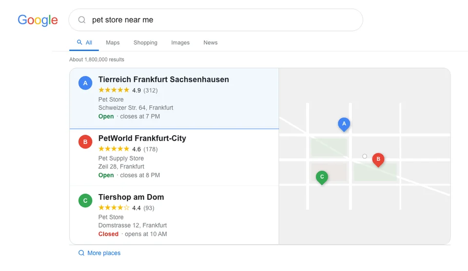 Google local pack for pet store near me showing three Frankfurt pet stores with ratings, review counts, distance, and open status - the top store has 3x more reviews than position three