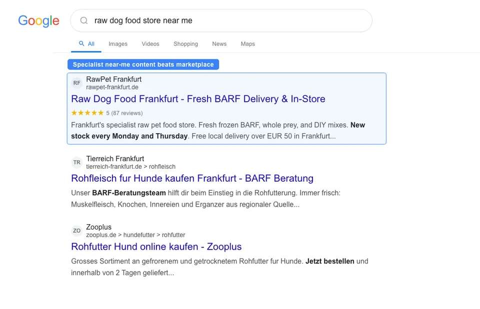 Google search results for raw dog food store near me showing local pack results mixed with organic content from a specialized raw food pet store ranking above general pet stores