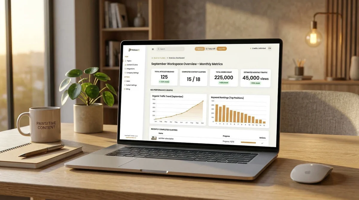 Petbase dashboard showing monthly content output and performance metrics