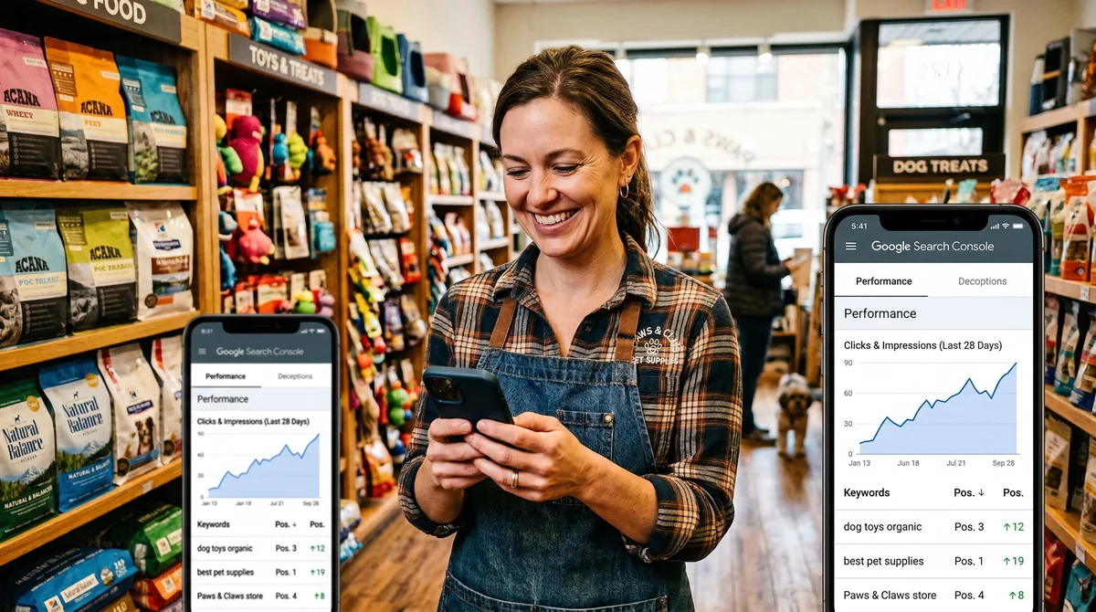 Pet store owner checking Google rankings on phone and smiling