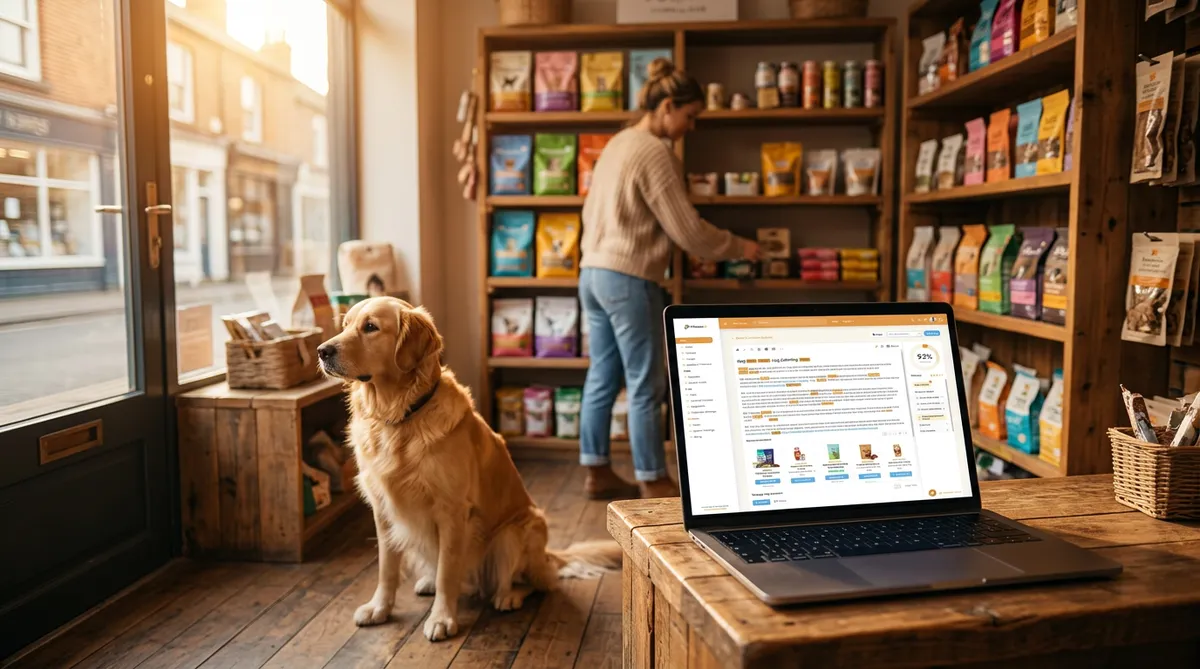 Pet store interior with shelves of products