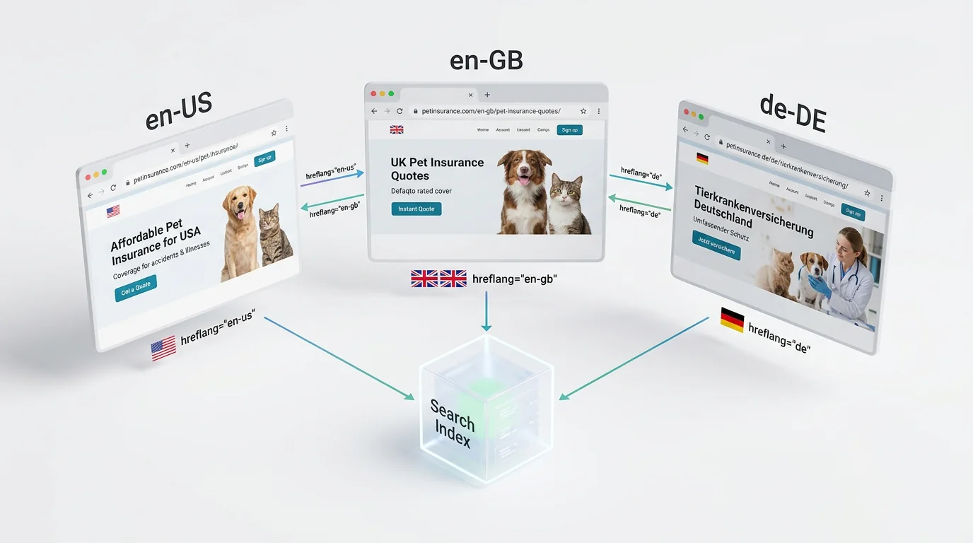 A clean 3D render of three minimal browser windows labeled en-US, en-GB, and de-DE, each showing distinct URL slugs: /en-us/pet-insurance/, /en-gb/pet