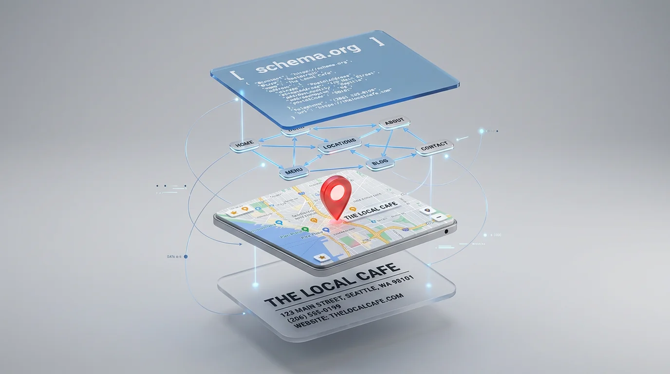 Studio 3D render of a clean 'local SEO signal stack': floating layers showing a business NAP card (name, address, phone), a red map pin on a mini map