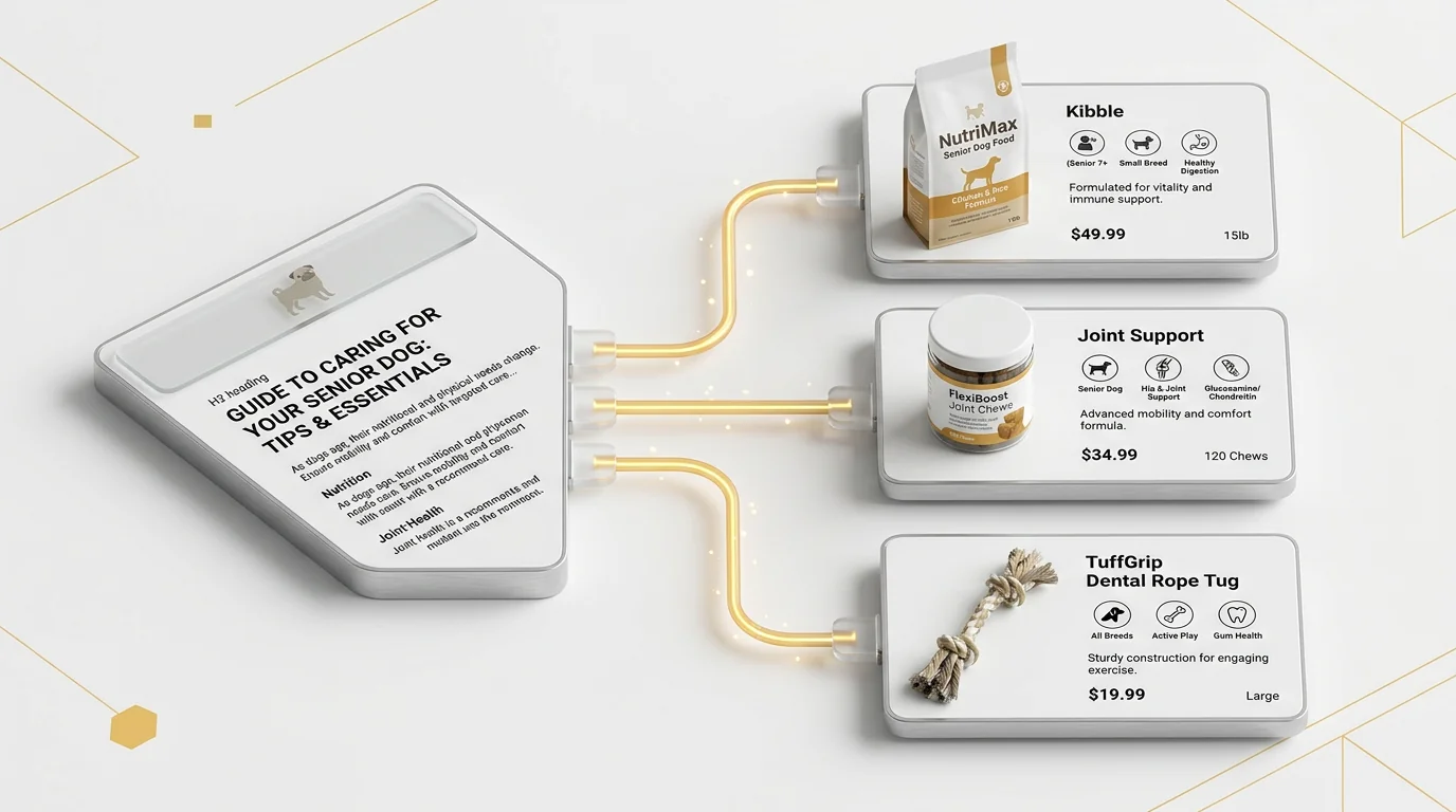 3D render of a clean, isometric UI scene showing a pet blog article panel on the left (matte white card with H2 heading, short paragraphs, and subtle