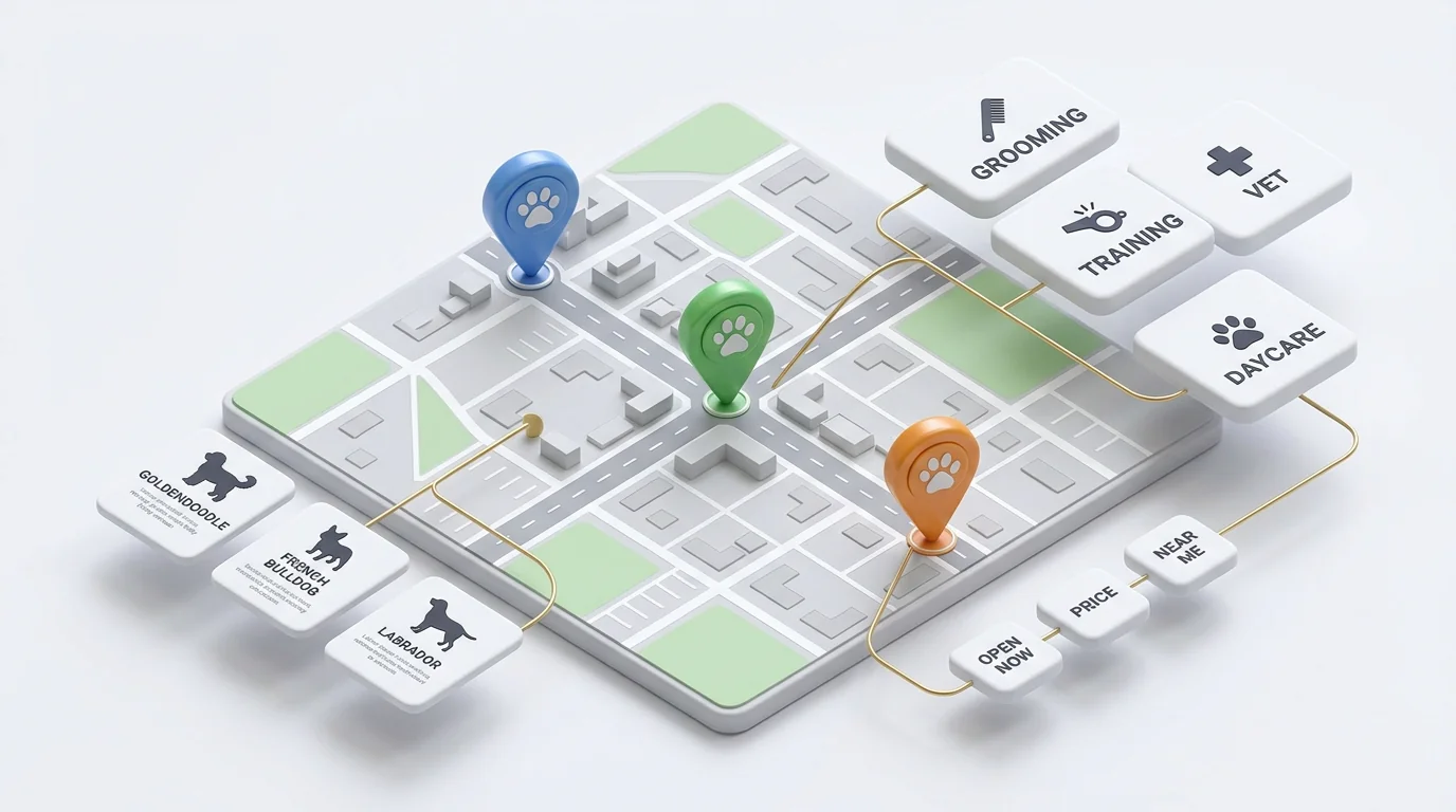 Isometric 3D render of a minimalist city map tile with soft-gray roads and neighborhood blocks, three glossy location pins with subtle paw icons, and