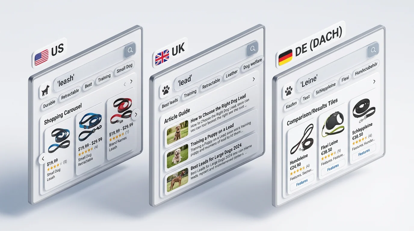 Isometric 3D render of three floating SERP panels labeled US, UK, and DE (DACH). Each panel shows query chips and features: US panel with the keyword