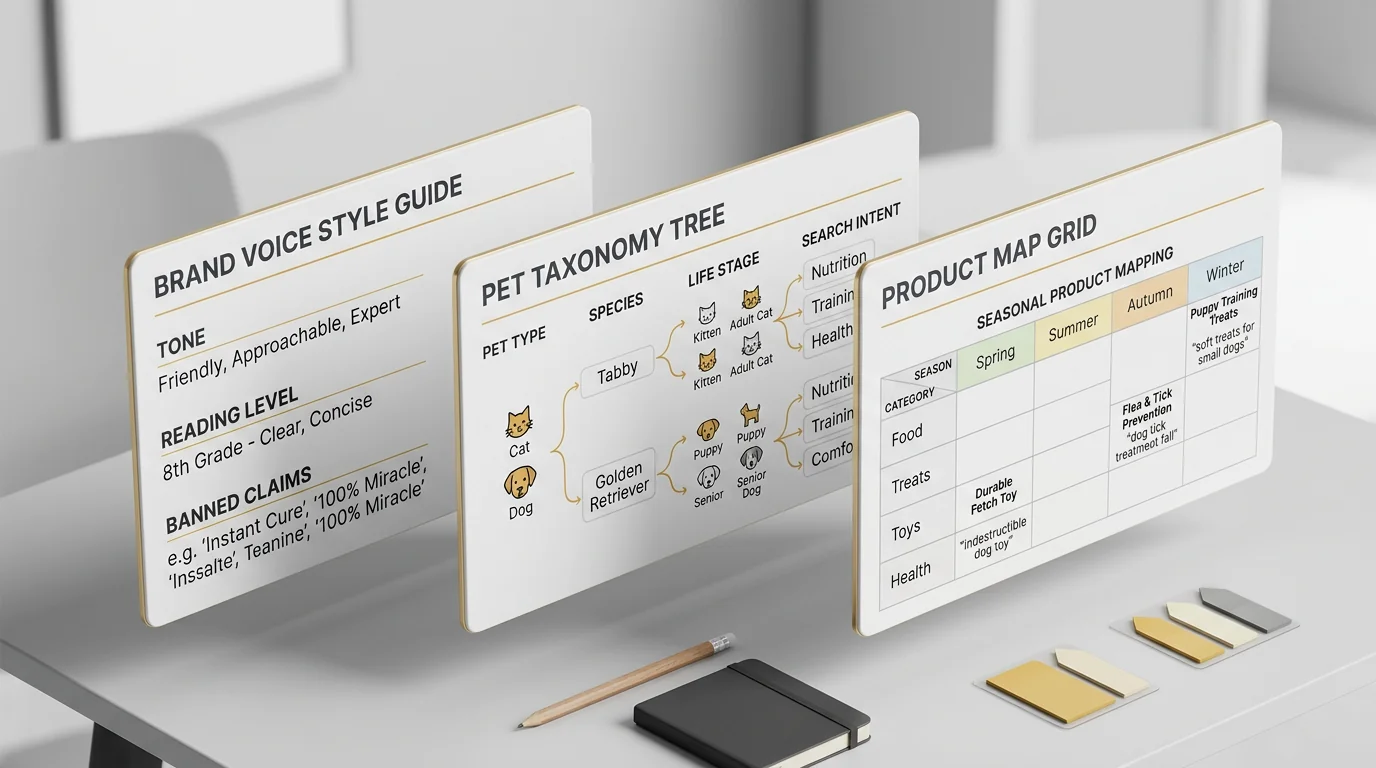 Isometric 3D render of floating UI panels representing a brand voice style guide, a pet taxonomy tree, and a product map grid. Materials: matte white