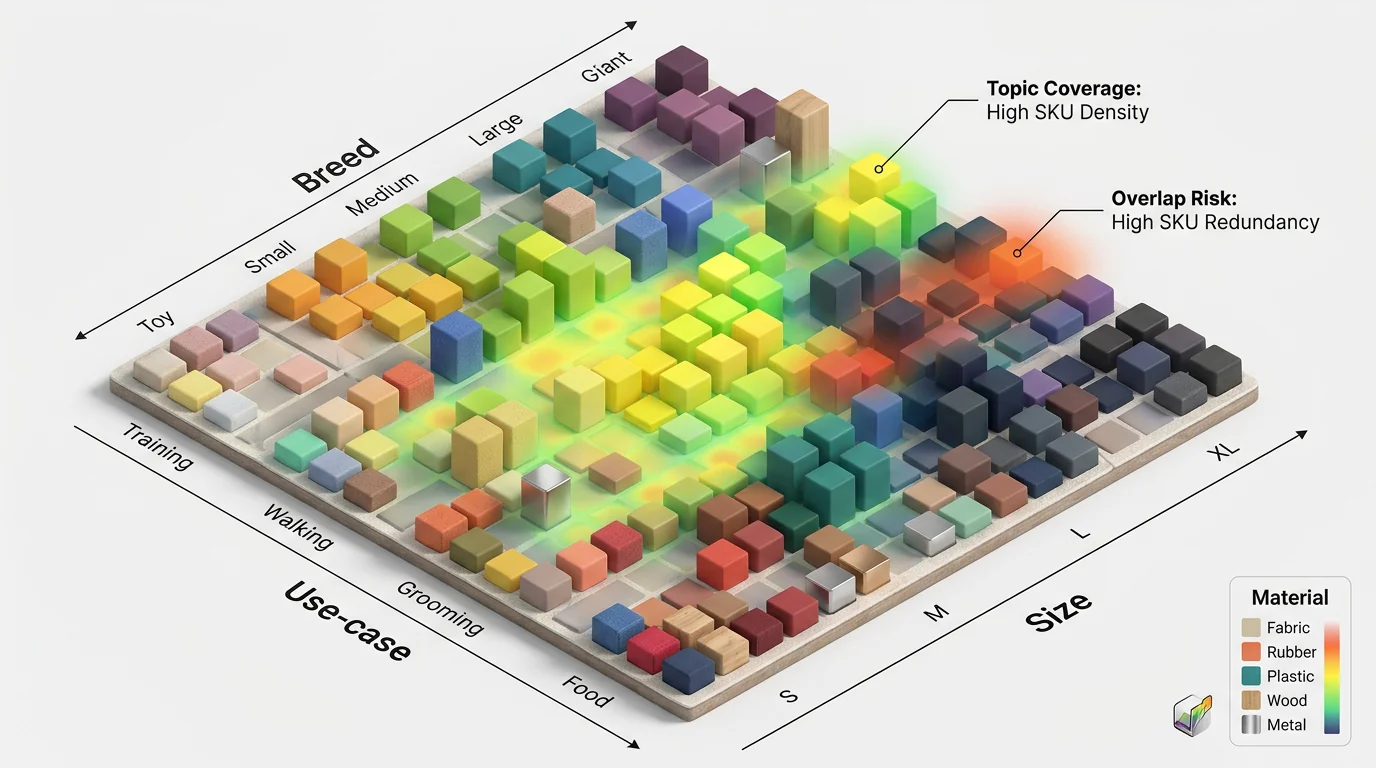Isometric 3D visualization of a pet catalog matrix: axes labeled Breed, Size, Use-case, and Material, with colorful blocks filling a grid to depict SK