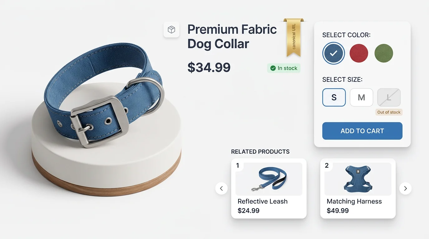 Isometric 3D render of a pet product parent page with variant selectors. Center: detailed dog collar on a minimal pedestal (matte fabric strap, brushe