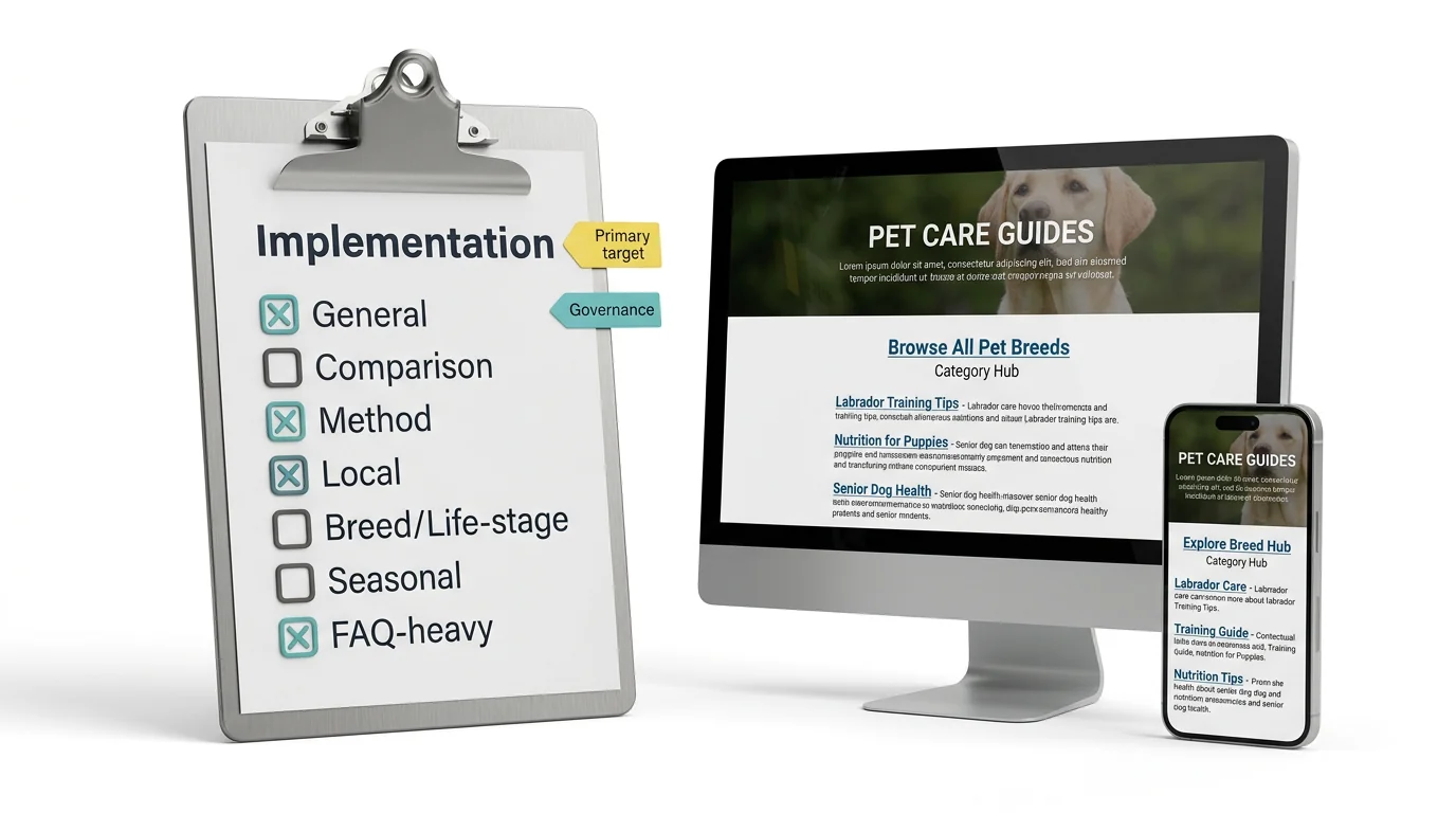 3D isometric render of an internal linking implementation checklist: a metal-clip clipboard with a white sheet titled 'Implementation' and checkboxes