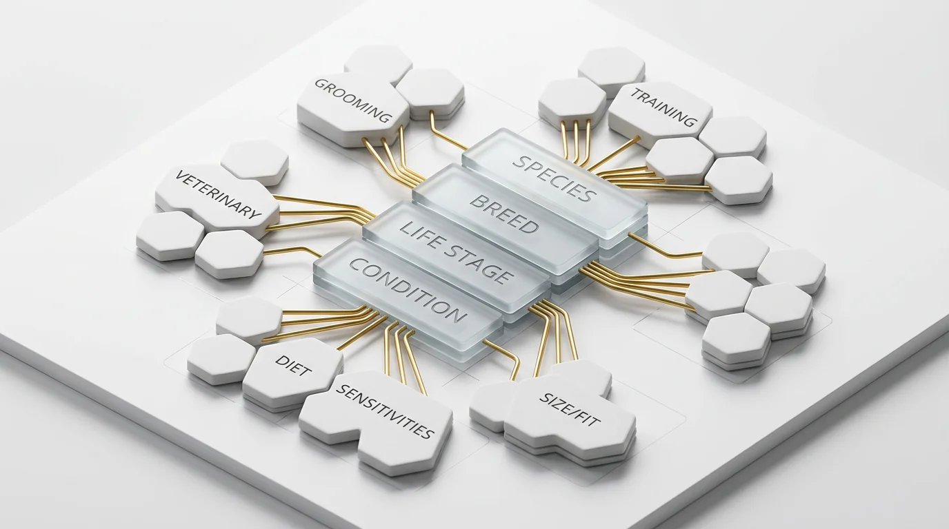3D render, isometric view of a clean data-clustering board. Center: a vertical stack of translucent frosted-glass tiles subtly engraved with 'Species'