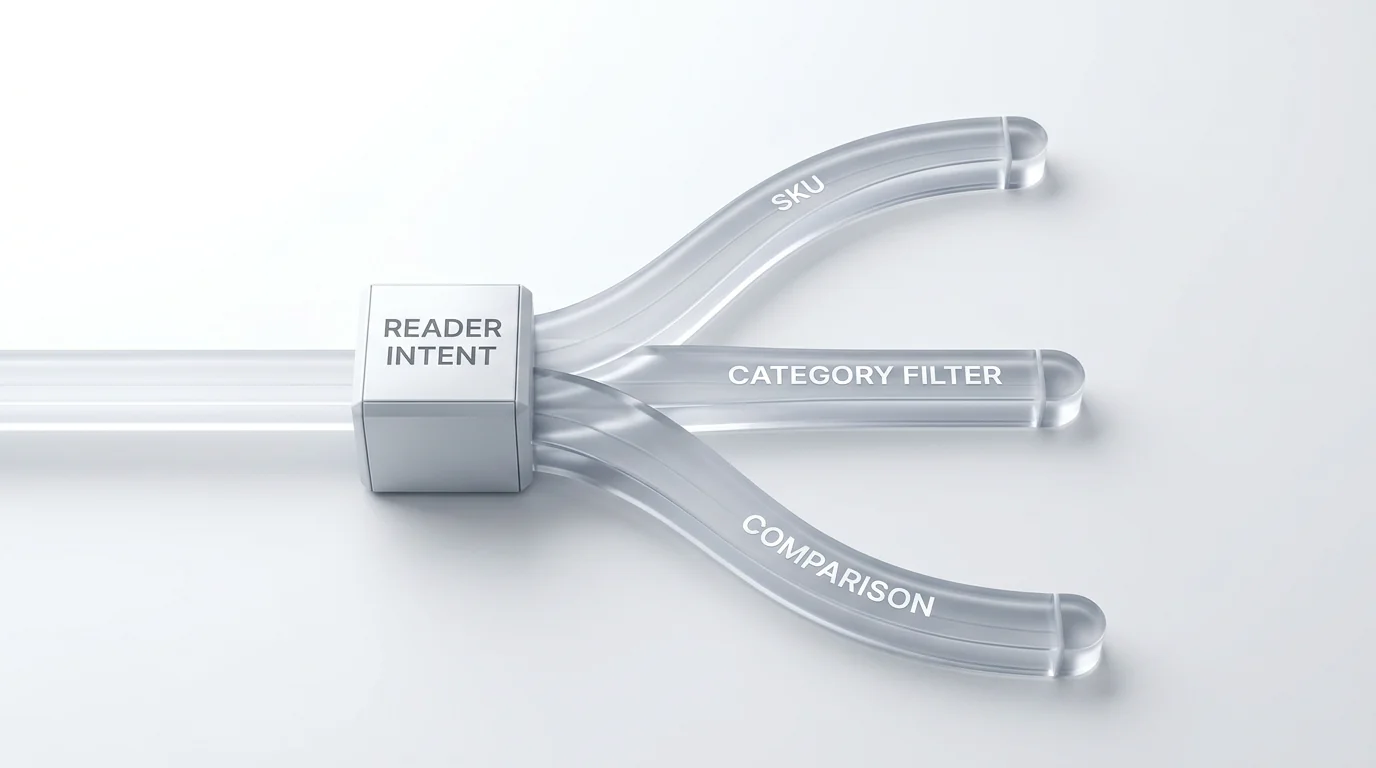 Clean 3D render of an abstract decision node with three branching translucent paths labeled 'SKU', 'Category filter', and 'Comparison', originating fr