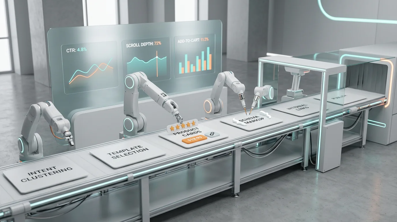 3D render of an automated content workflow assembly line for pet retail pages. A matte white conveyor belt carries rectangular content cards labeled: