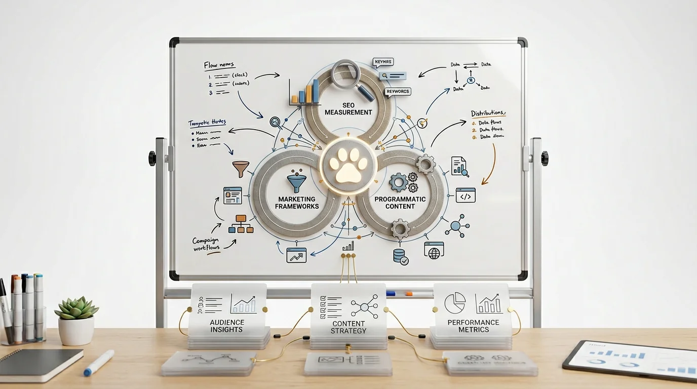 Professional 3D render of a methodology workspace showing synthesized research for pet-industry content strategy. A pristine whiteboard features inter