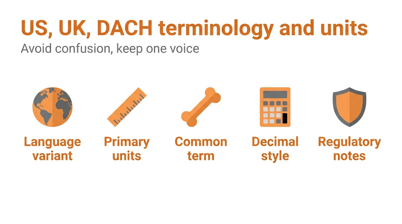 US, UK, DACH terminology and units