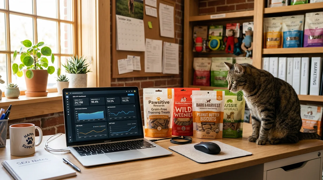 A tidy pet store back-office desk with an open laptop showing a minimalist SEO KPI dashboard (crawl hits, indexation %, top-10 share) beside neatly st