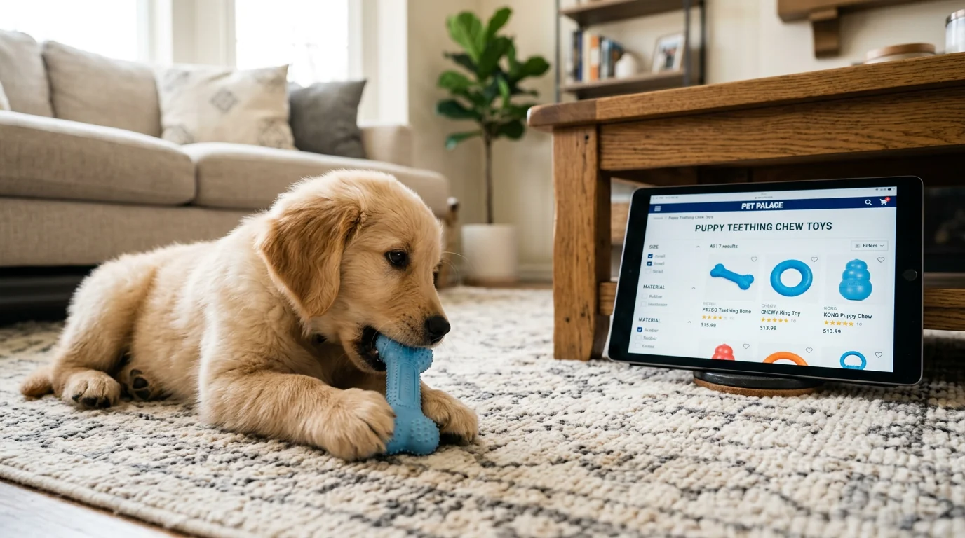 A teething puppy (8-10 weeks) chewing a soft blue rubber chew toy on a living-room rug, next to a tablet on a coffee table displaying a pet retailer's