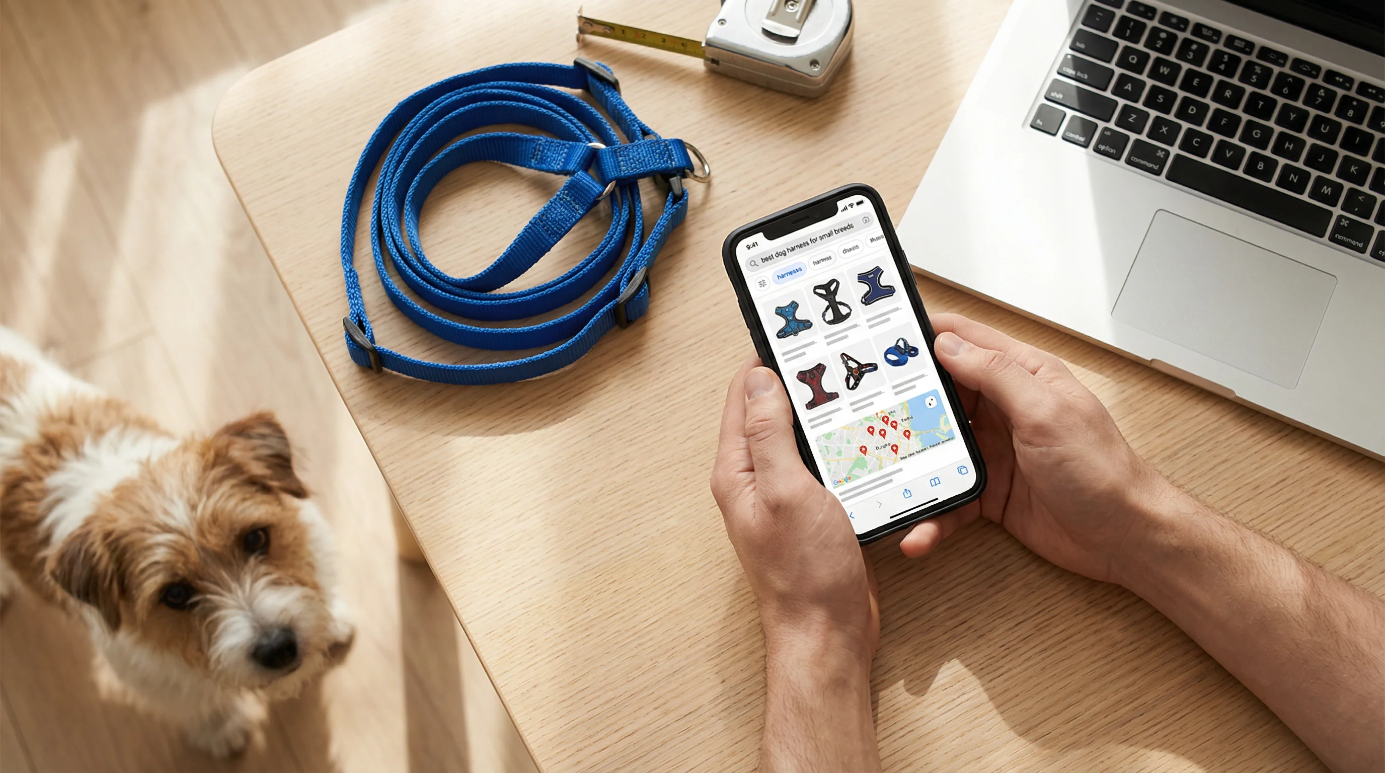 Top-down photograph of a person's hands holding a smartphone that displays a generic search results page for 'best dog harness for small breeds' with