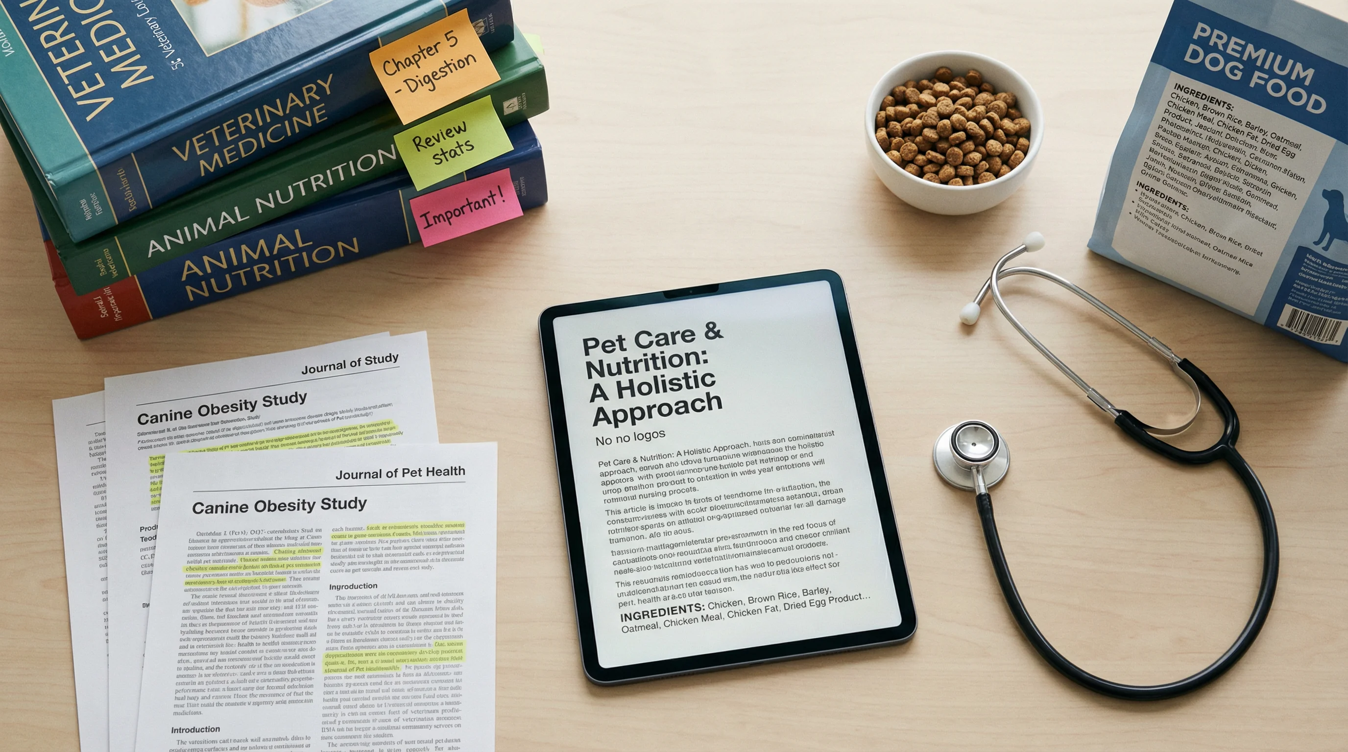 Overhead photography of a tidy workspace for pet health research: stacked veterinary textbooks with sticky notes, printed studies with highlighted pas
