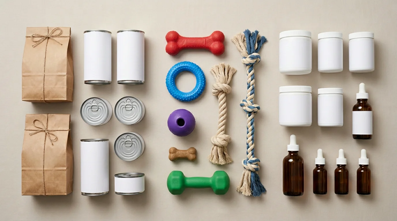 Studio flat-lay photograph of pet products grouped by category: unbranded kibble bags and canned food on one side, durable rubber chew toys and braide