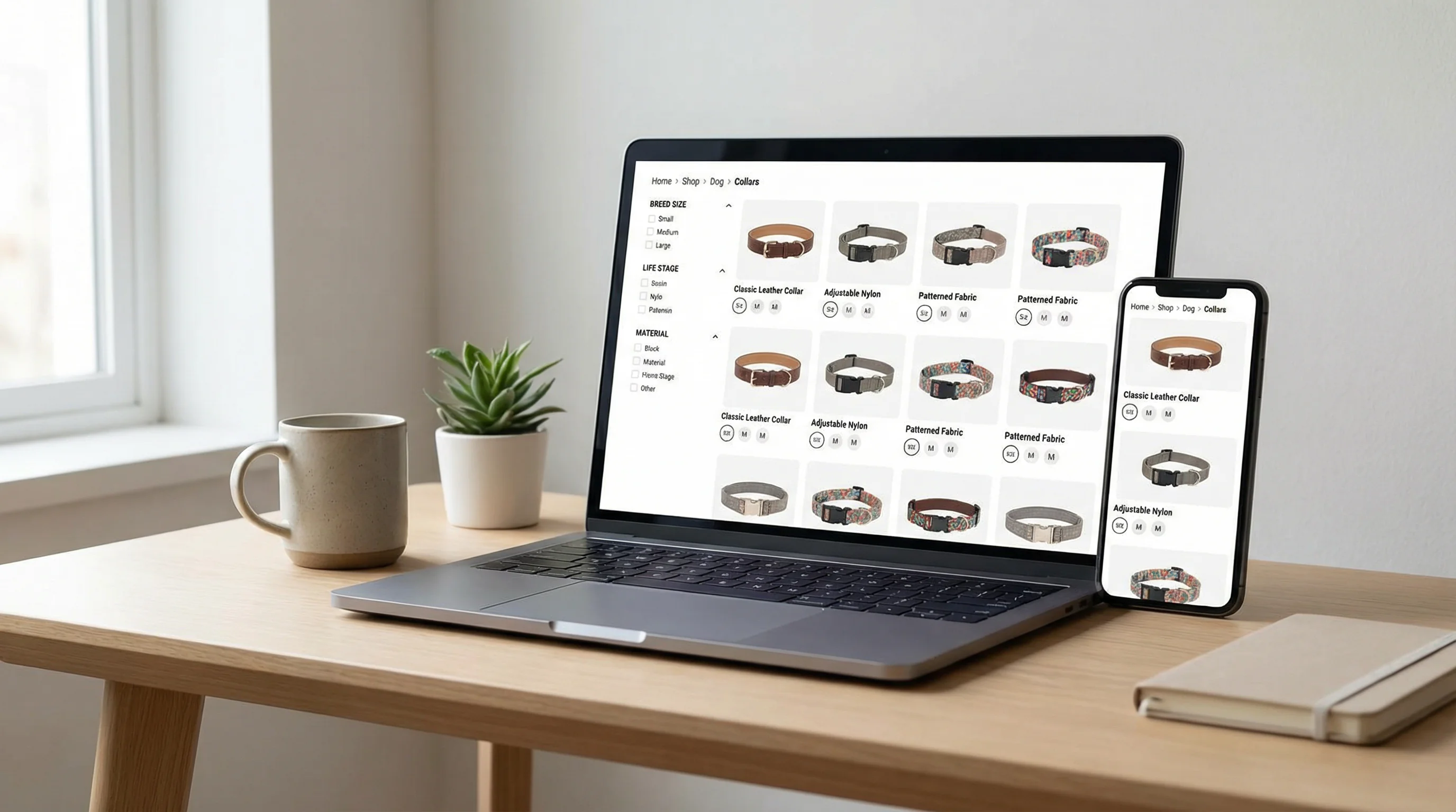 Modern workspace scene with an open laptop displaying a pet e-commerce category page: breadcrumb navigation at top, left sidebar filters (breed, size,
