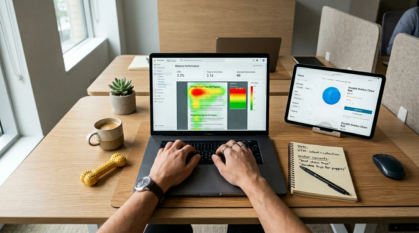 Overhead photo of a workstation with only hands visible typing on a laptop that shows a web analytics dashboard (CTR, time to first click, assisted co
