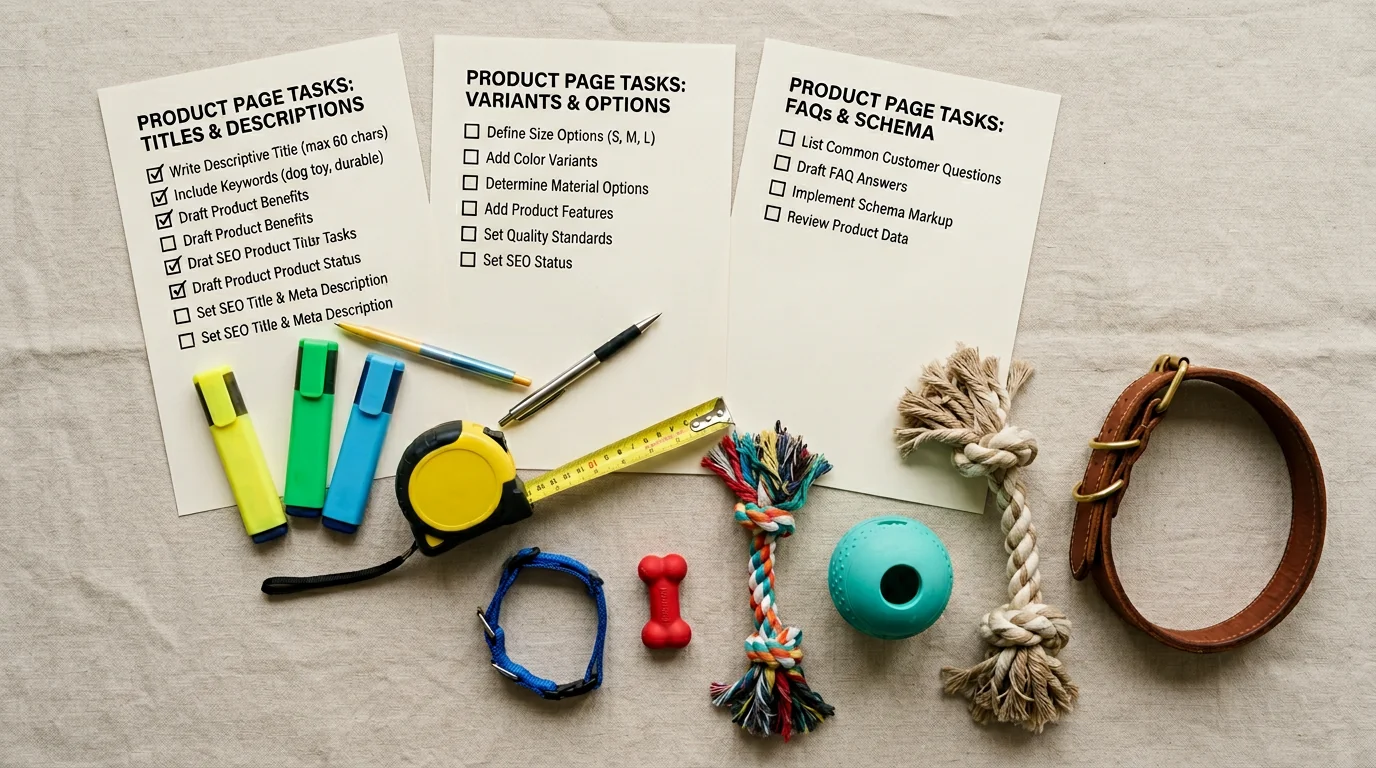 Flat lay of printed checklists for product page tasks (titles, variants, FAQs, schema) with checkboxes, color highlighters, a measuring tape, and asso