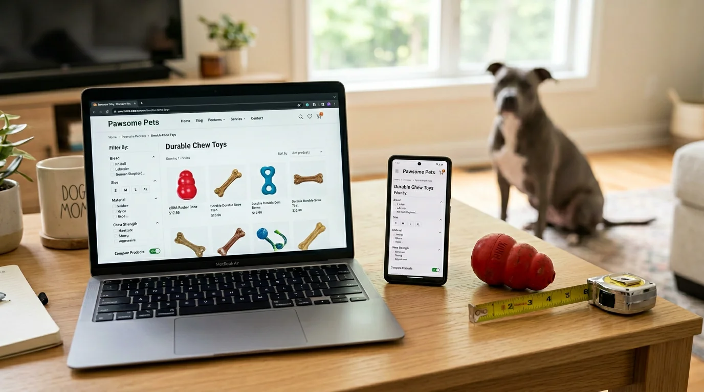 Home workspace with a laptop and smartphone displaying a pet eCommerce category page. Visible filters for breed, size, material, and chew strength, pl
