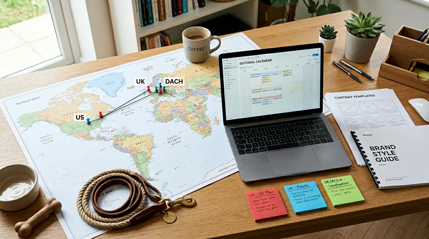 Wide overhead desk scene featuring a large paper world map with pins and thin string connecting the US, UK, and the DACH region; an open laptop showin