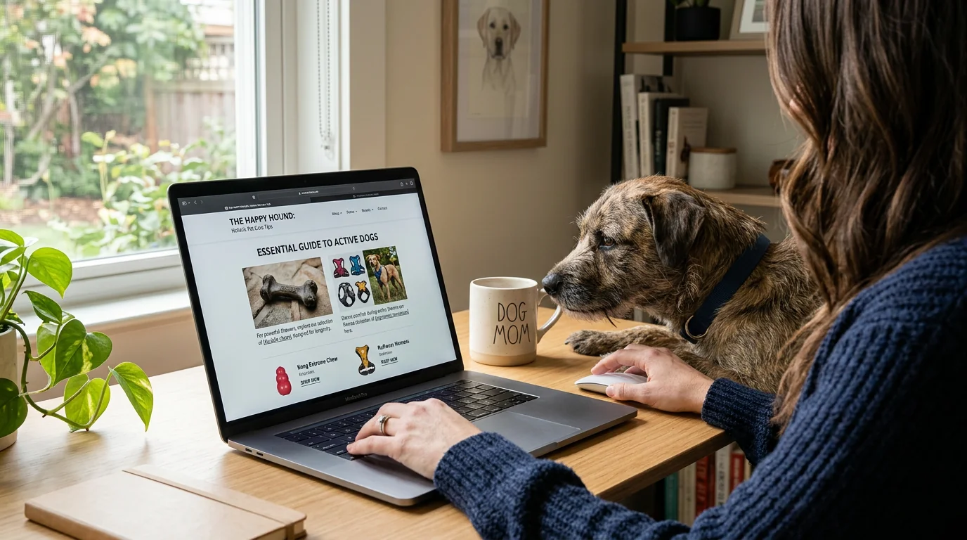 A pet owner at a home desk browsing a pet-care blog on a laptop, the on-screen article shows native inline product modules with descriptive anchors li