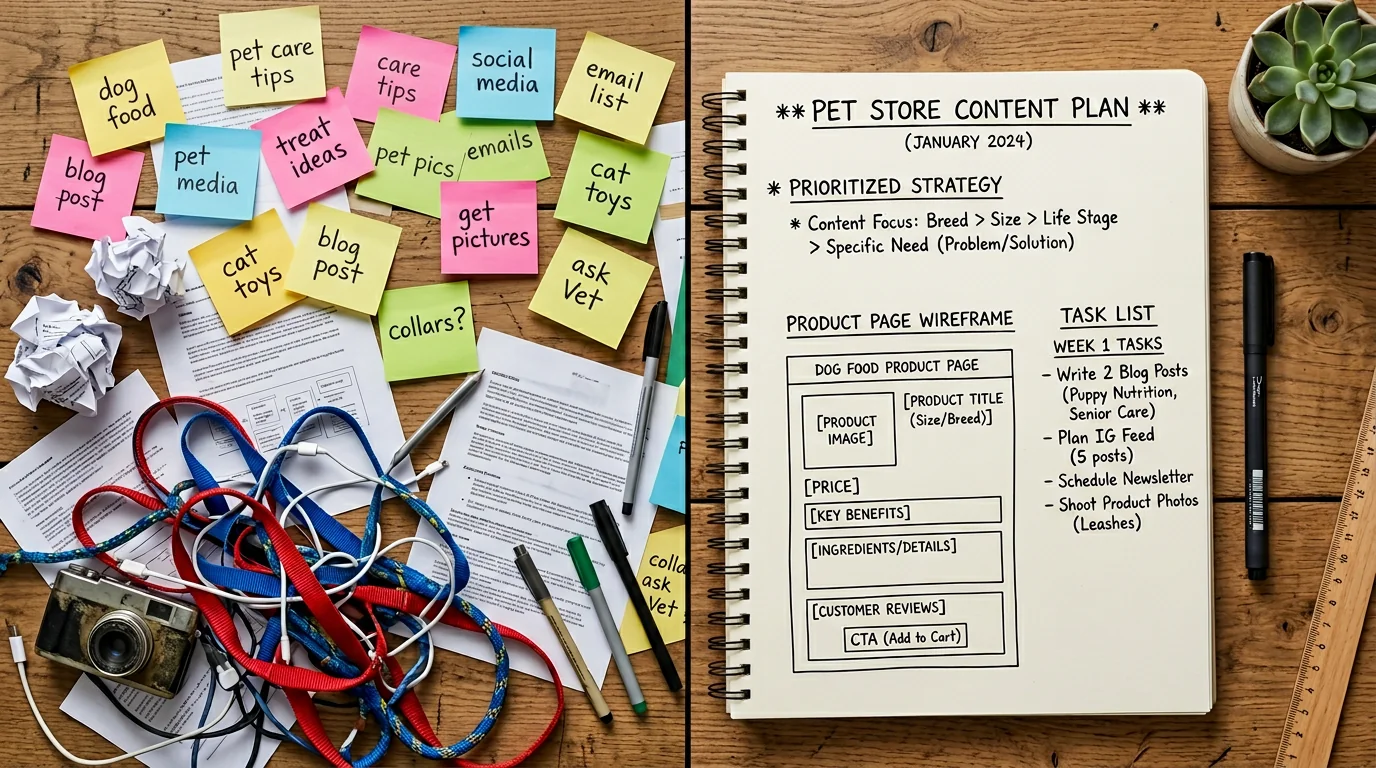 Split flat lay on a wooden desk illustrating messy vs. methodical content planning for a pet store. Left side: clutter of sticky notes with vague term