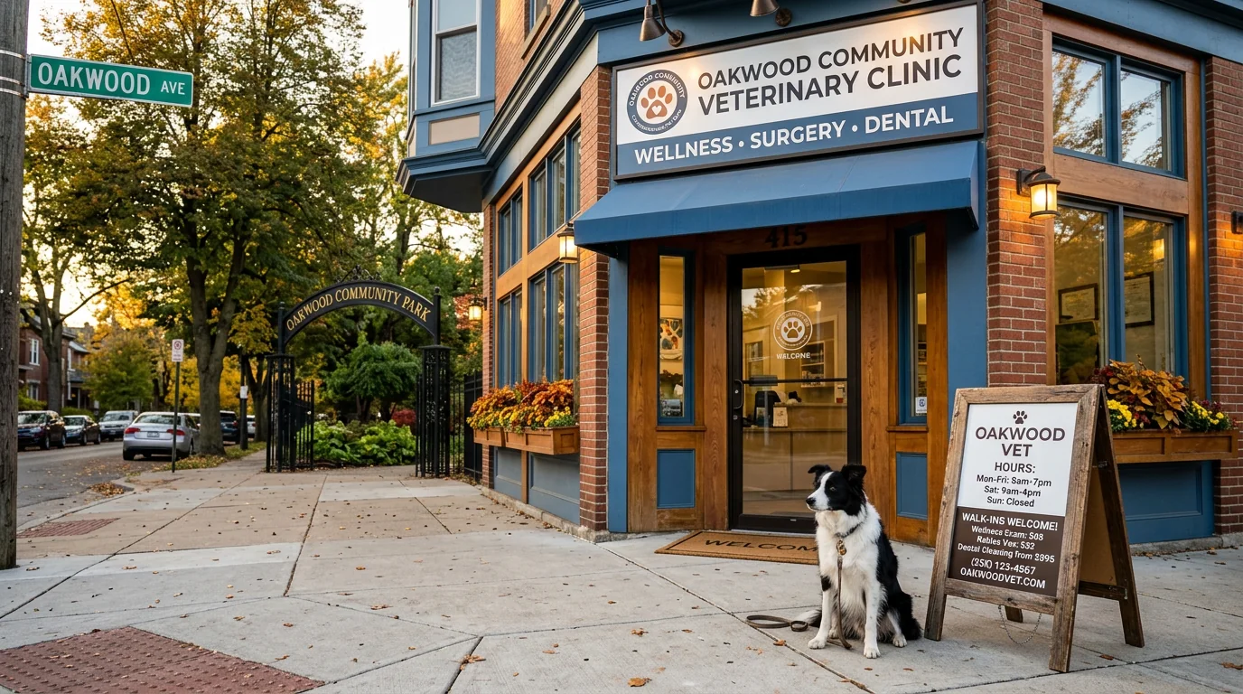 Exterior of a neighborhood veterinary clinic with clear signage; a leashed border collie sits beside a branded sandwich board listing hours and pricin