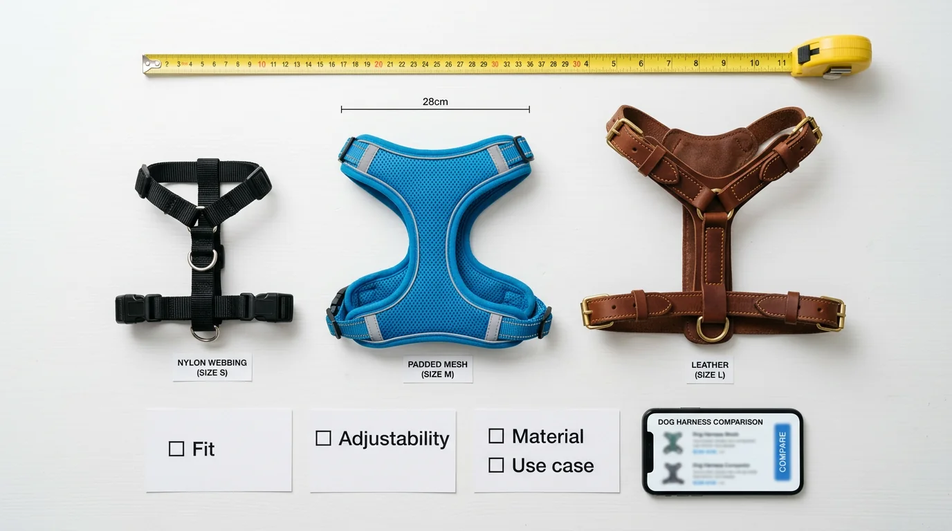Side-by-side comparison on a clean white tabletop: three dog harnesses in different materials (nylon webbing, padded mesh, leather) neatly aligned by